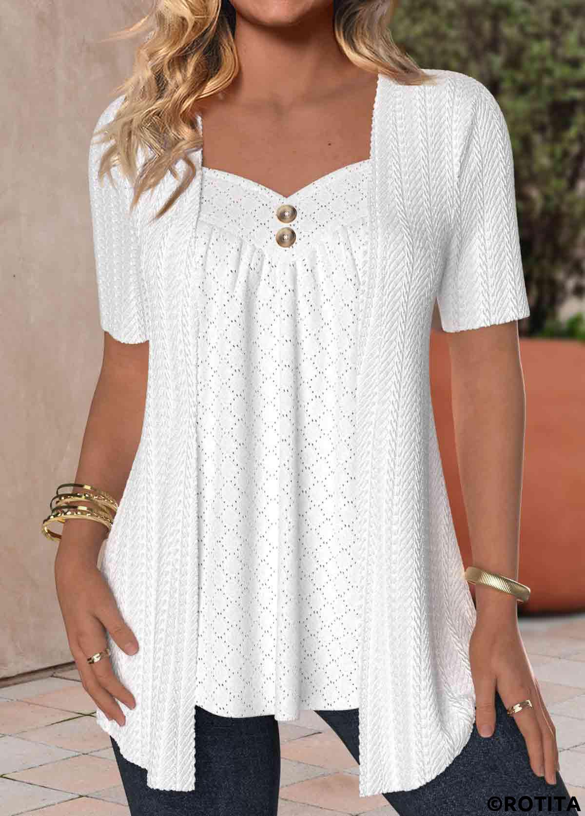 White tops,Plain Color tops,ROTITA Textured Fabric White Heart Collar Fake Two Piece Twinset