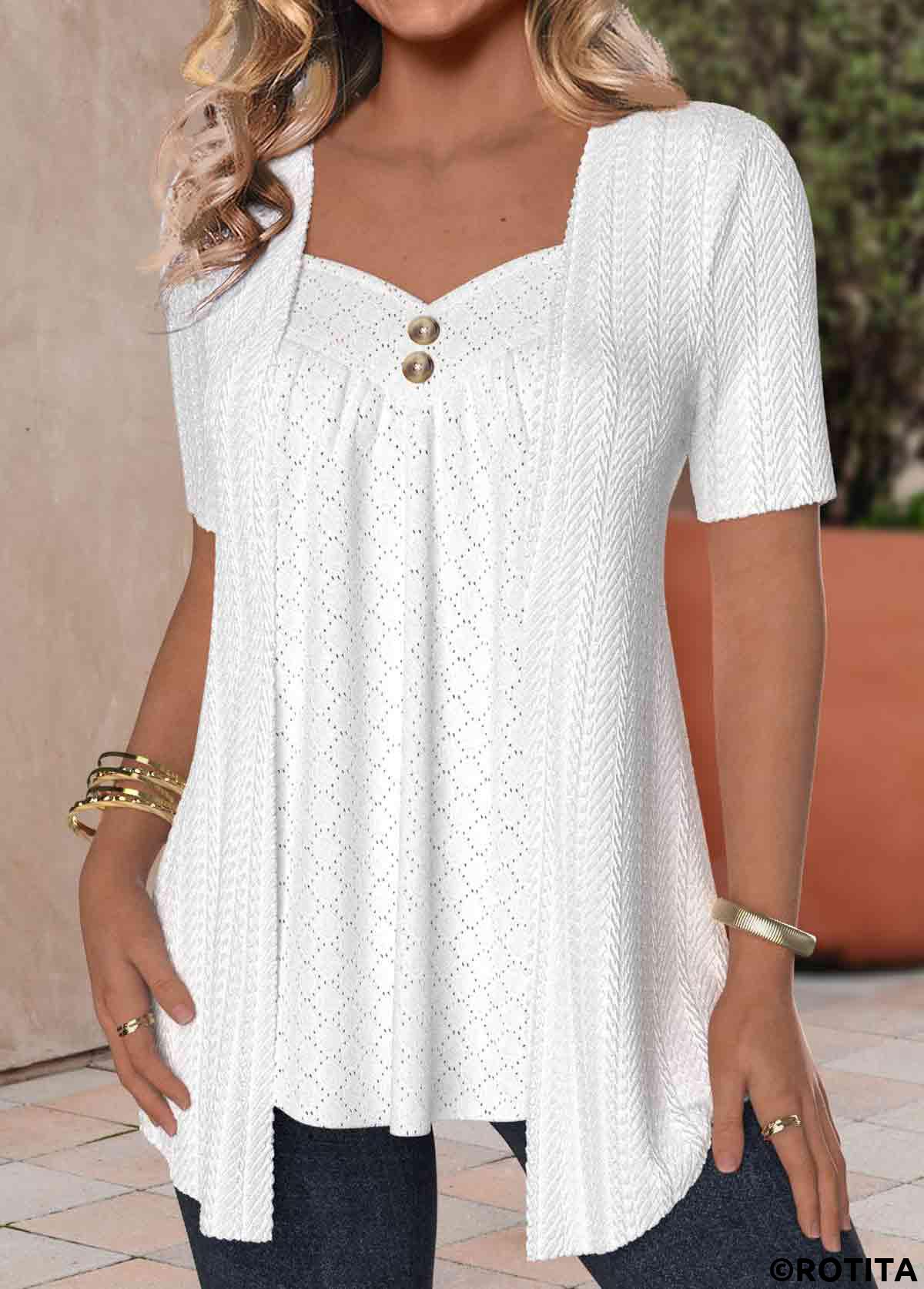White tops,Plain Color tops,ROTITA Textured Fabric White Heart Collar Fake Two Piece Twinset