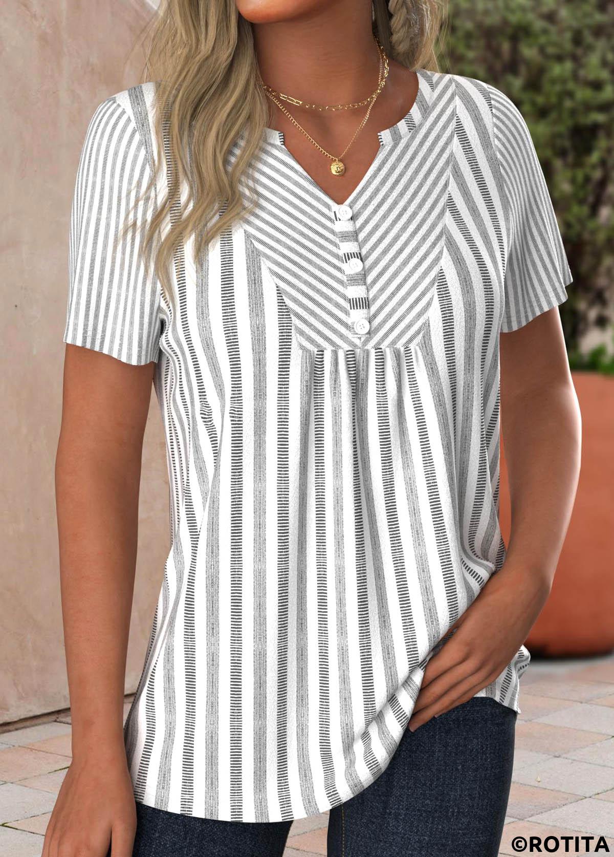 Light Grey tops,White tops,Striped tops,Geometric tops,ROTITA Plus Size Button Light Grey Striped T Shirt