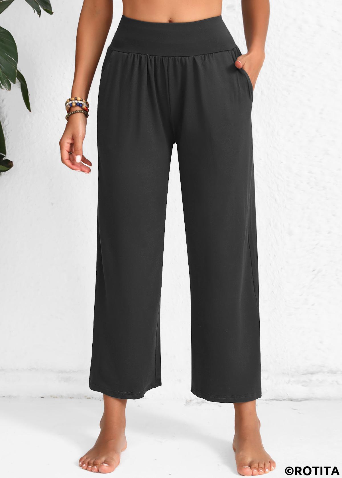 Dark Grey Marl bottoms,Plain Color bottoms,Pocket Dark Grey Marl Elastic Waist High Waisted Pants