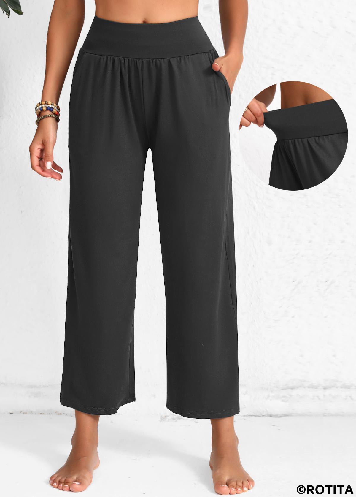 Dark Grey Marl bottoms,Plain Color bottoms,Pocket Dark Grey Marl Elastic Waist High Waisted Pants