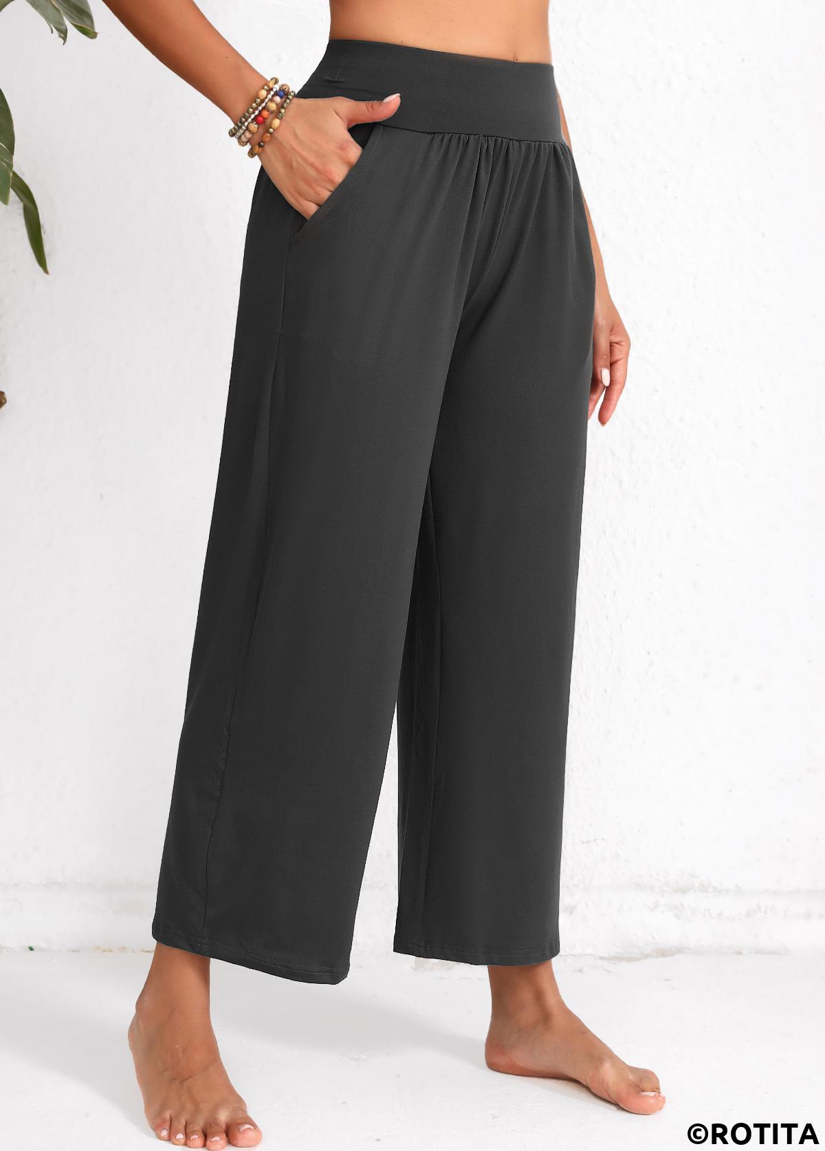 Dark Grey Marl bottoms,Plain Color bottoms,Pocket Dark Grey Marl Elastic Waist High Waisted Pants