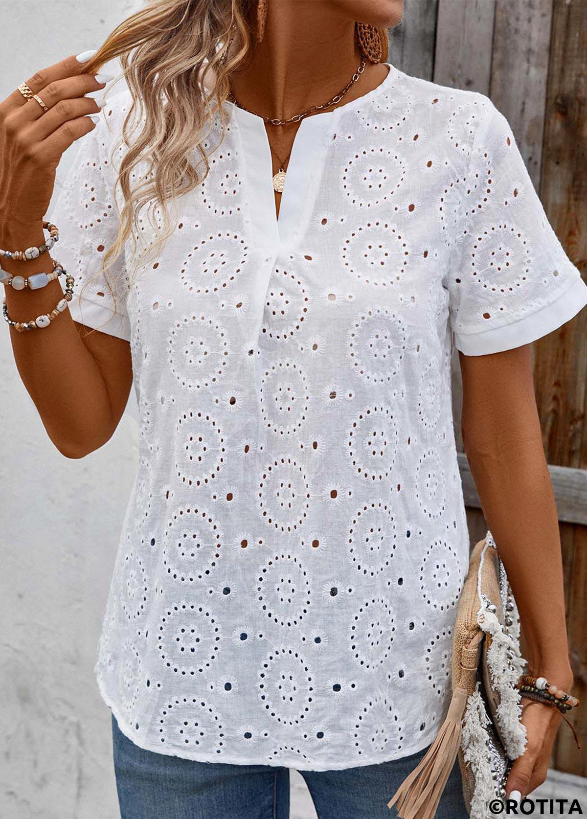White tops,Plain Color tops,White Split Neck Short Sleeve T Shirt