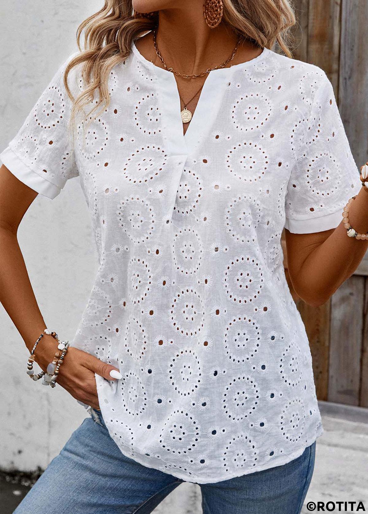 White tops,Plain Color tops,White Split Neck Short Sleeve T Shirt