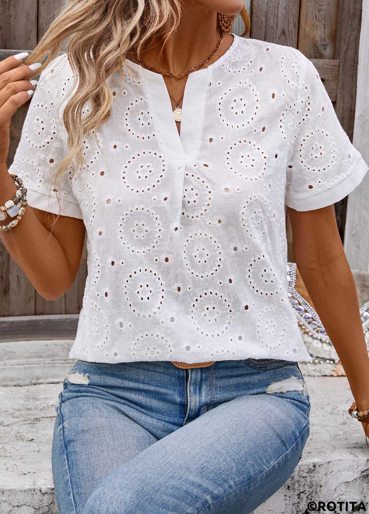 White tops,Plain Color tops,White Split Neck Short Sleeve T Shirt