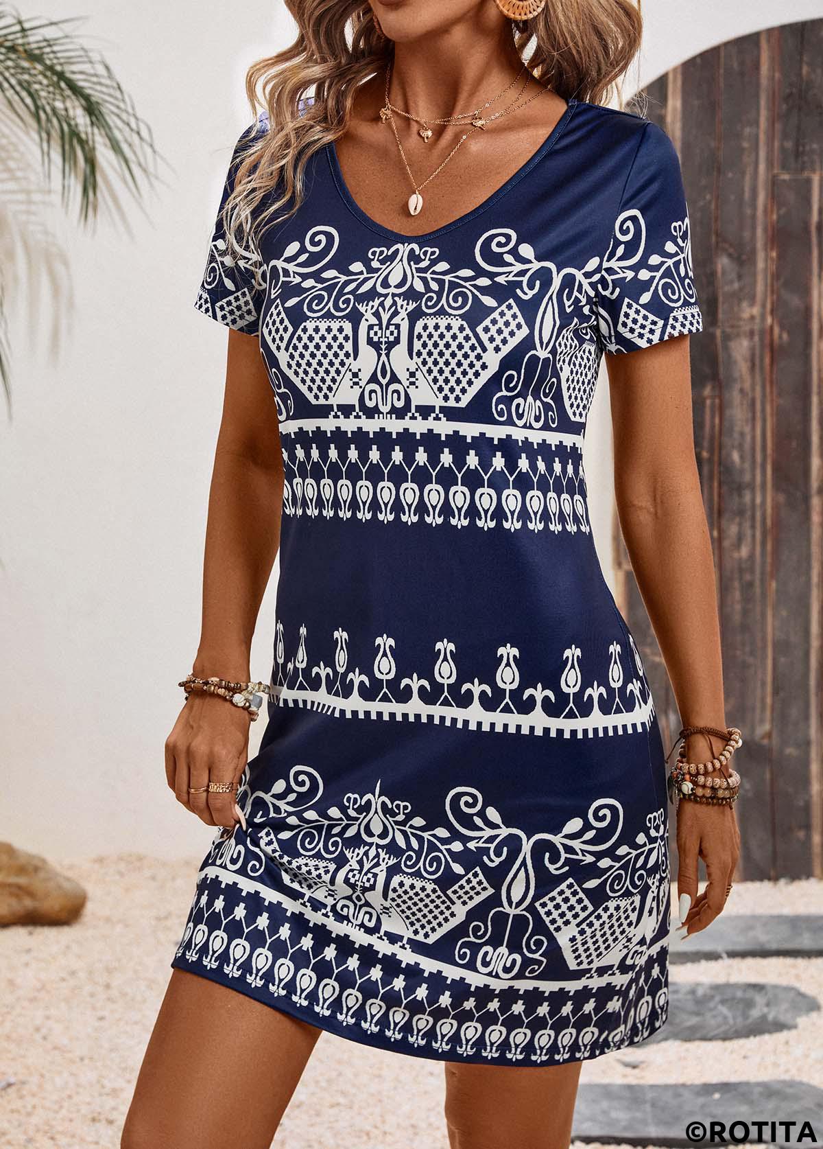 Navy dresses,Tribal dresses,Geometric dresses,Everyday dresses,Casual dresses,Tribal Print Navy A Line V Neck Dress