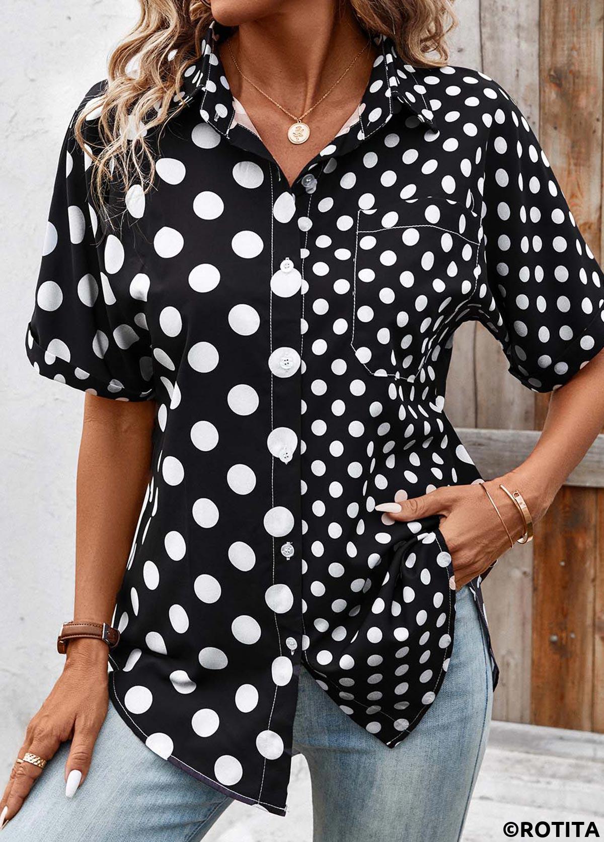 schwarzes kurzärmliges Patchwork-Hemd mit Polka Dots