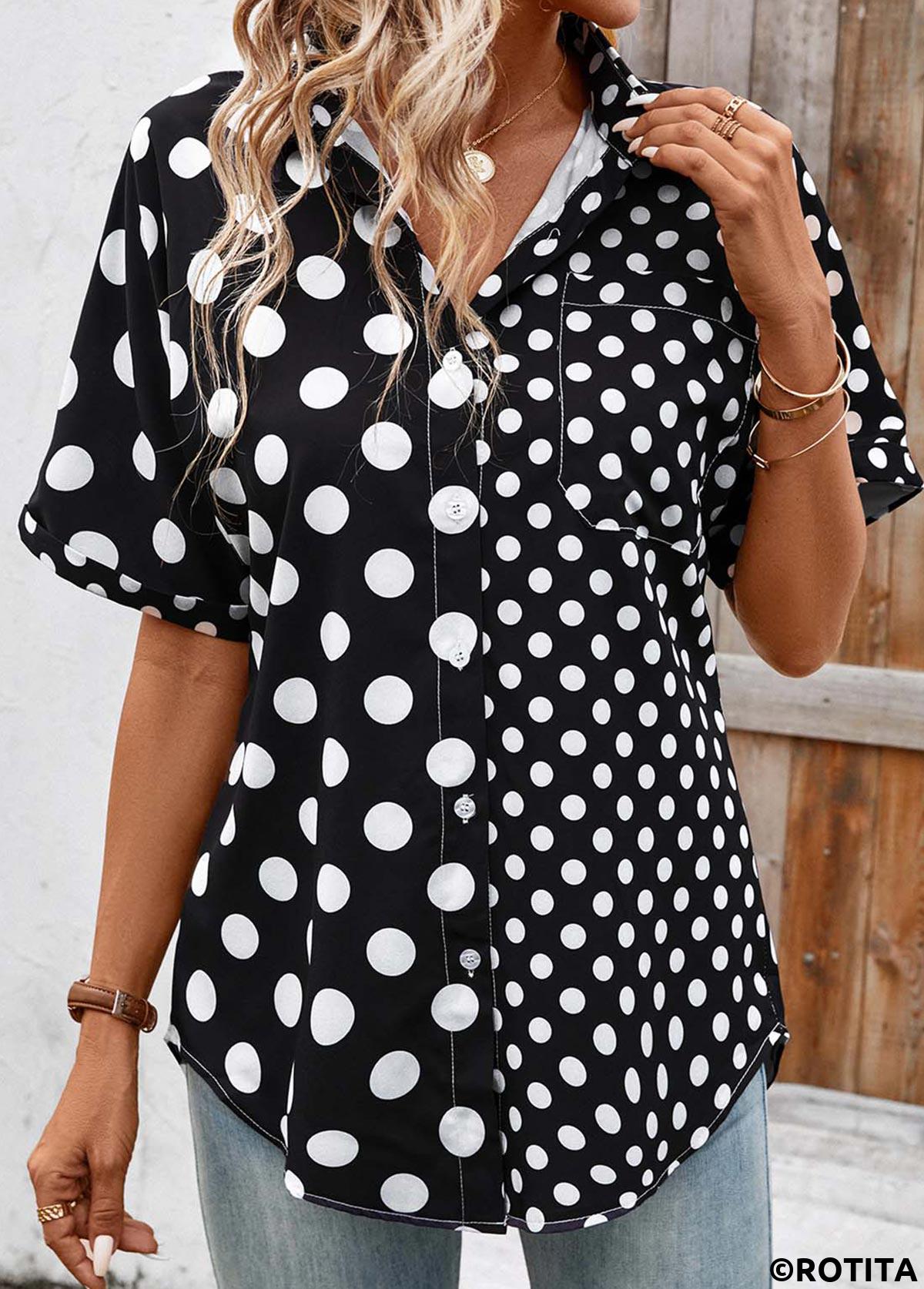 schwarzes kurzärmliges Patchwork-Hemd mit Polka Dots