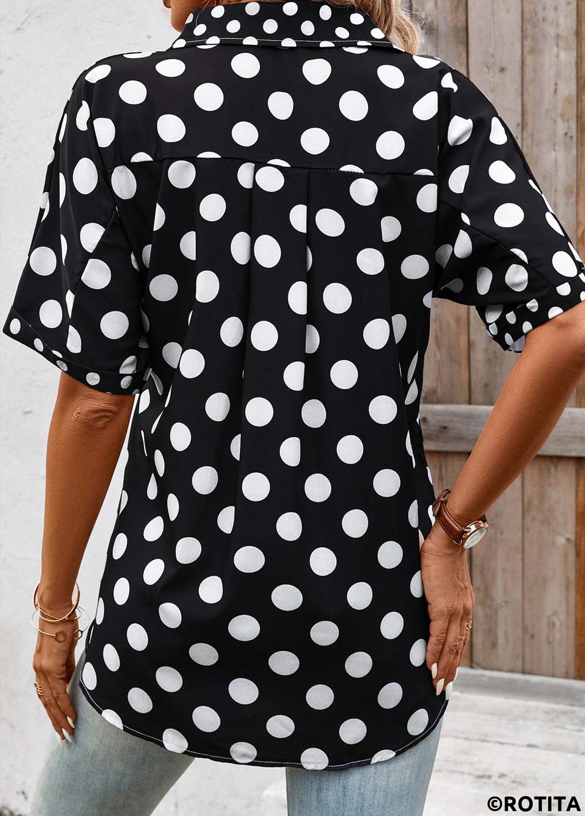schwarzes kurzärmliges Patchwork-Hemd mit Polka Dots