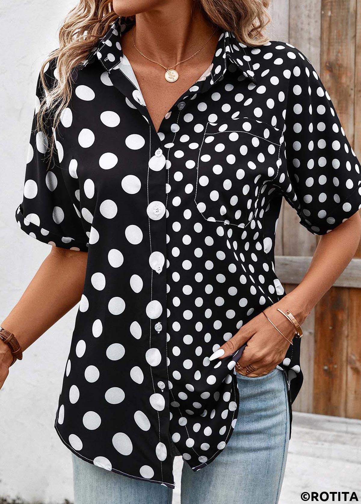 schwarzes kurzärmliges Patchwork-Hemd mit Polka Dots
