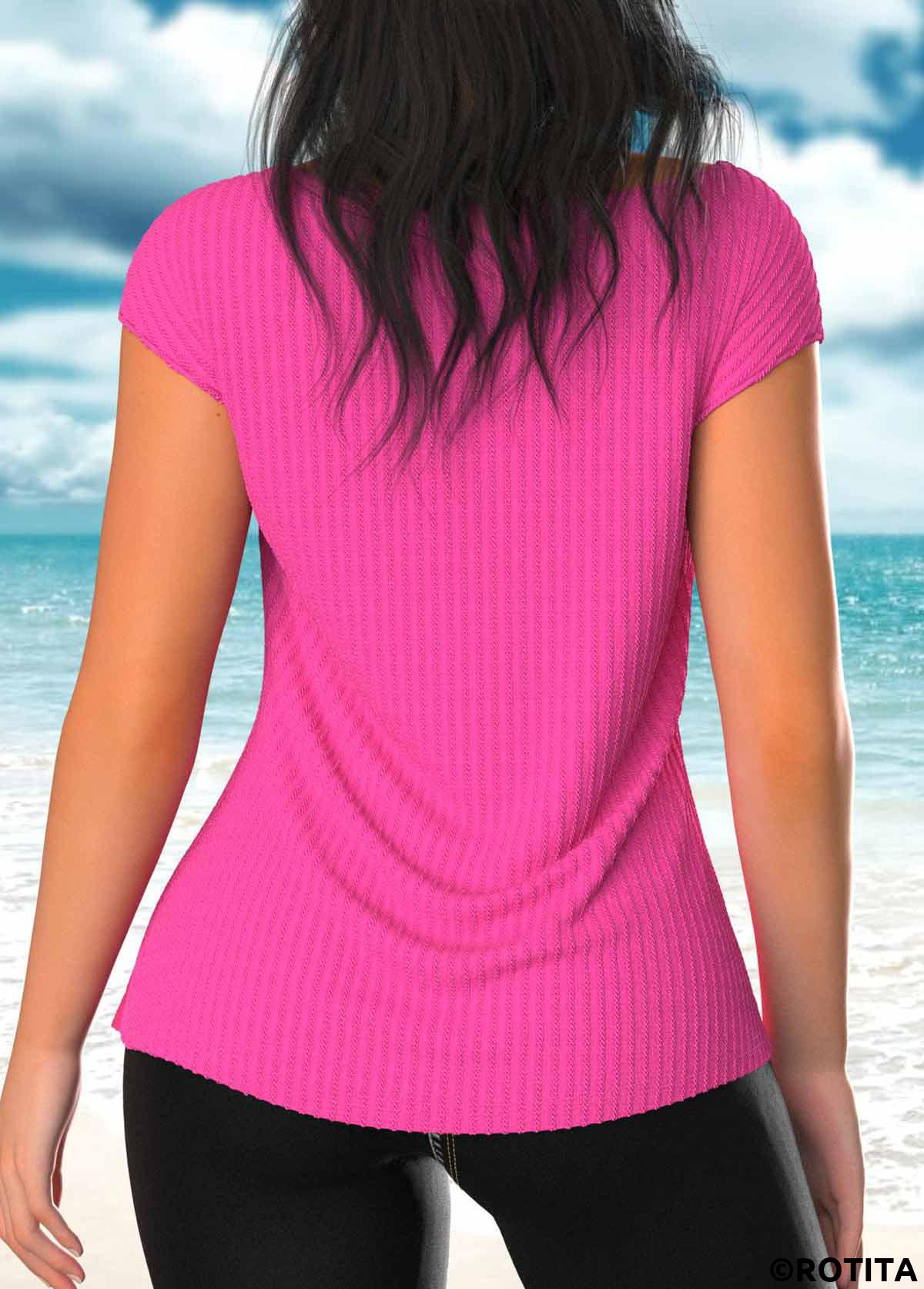 Hot Pink tops,Plain Color tops,ROTITA Textured Fabric Hot Pink Asymmetrical Neck T Shirt