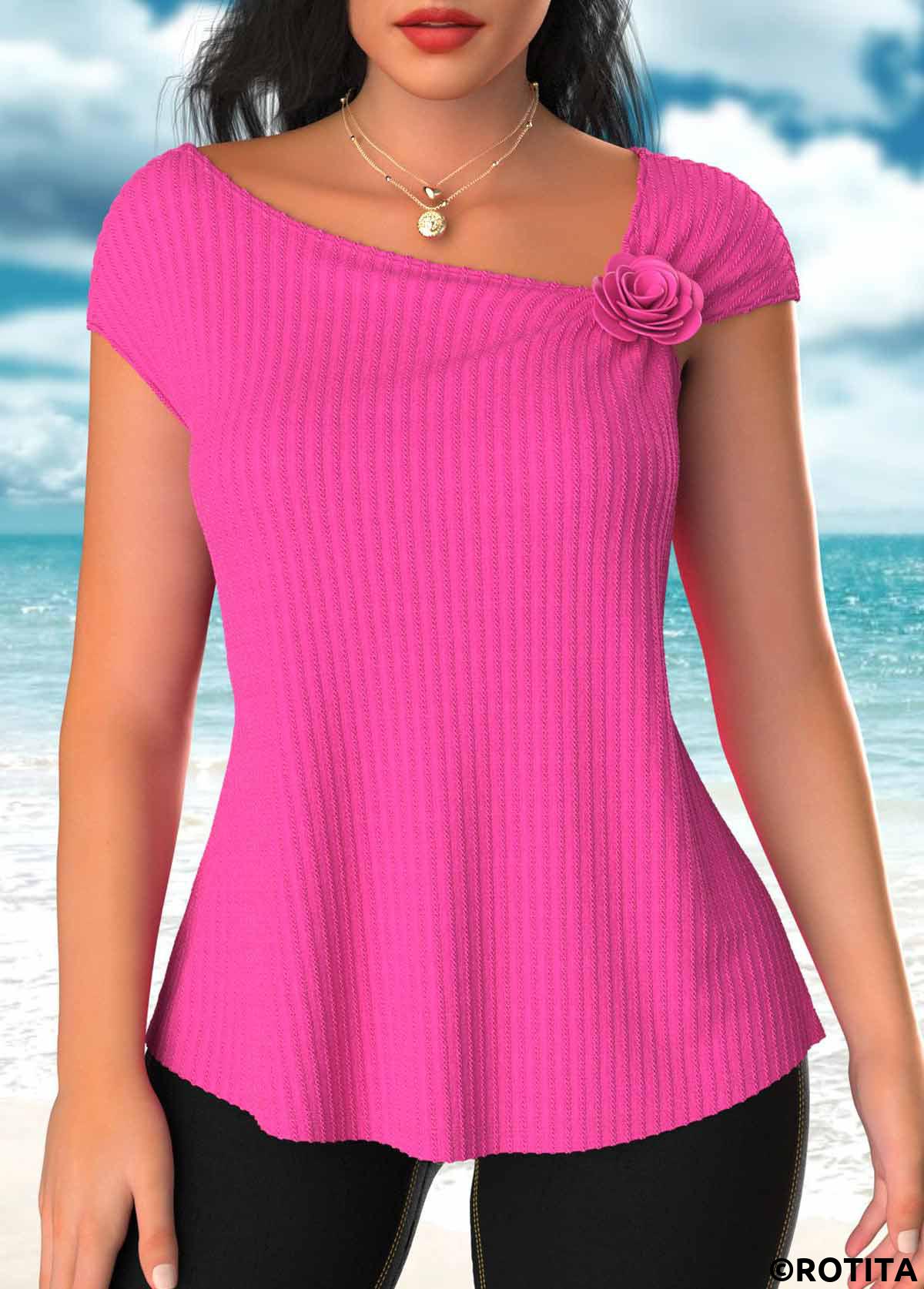 Hot Pink tops,Plain Color tops,ROTITA Textured Fabric Hot Pink Asymmetrical Neck T Shirt