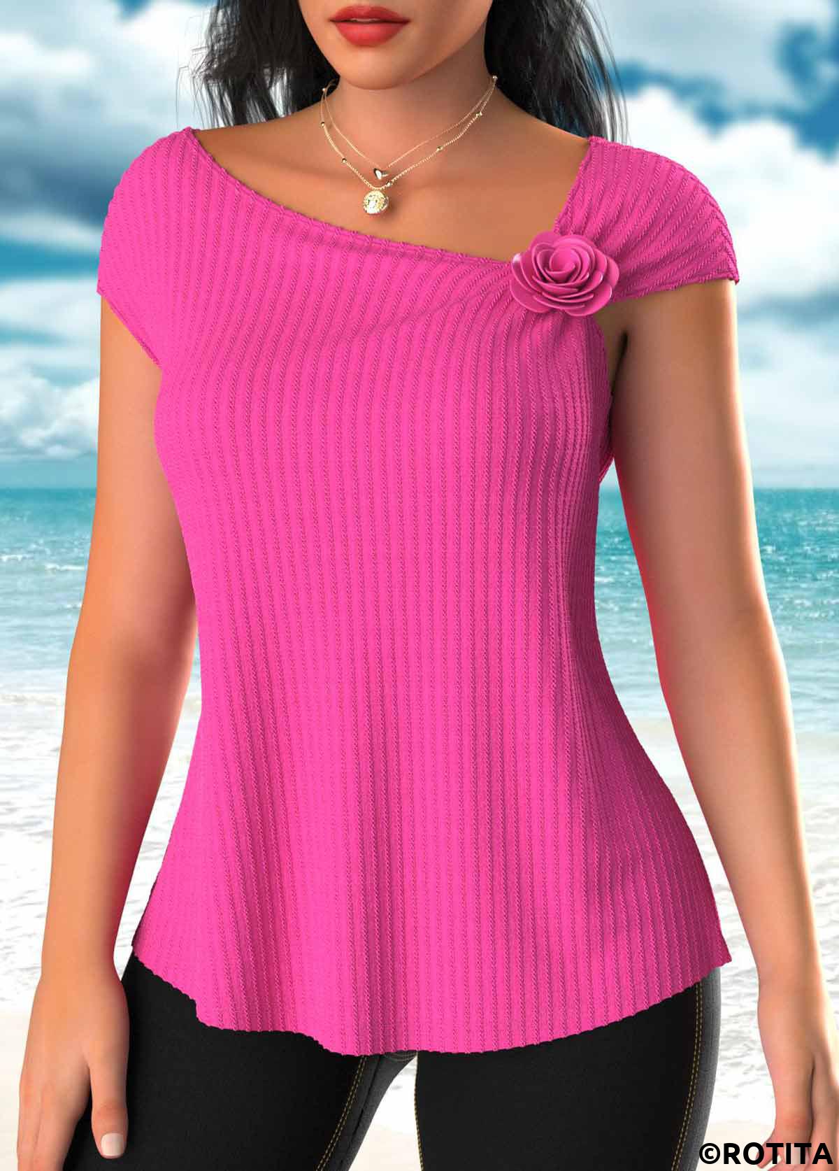 Hot Pink tops,Plain Color tops,ROTITA Textured Fabric Hot Pink Asymmetrical Neck T Shirt