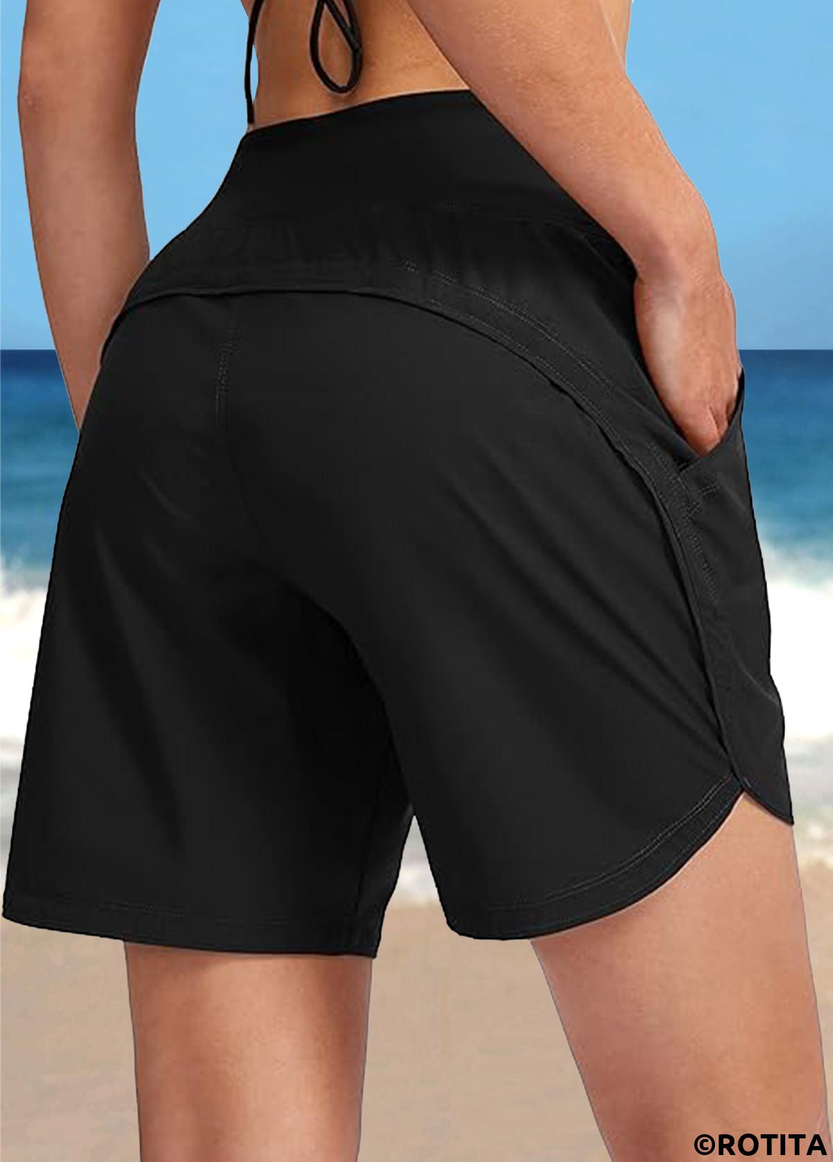 Black swimwear,Plain Color swimwear,ROTITA Black Pocket Quick Drying Mid Waisted Beach Shorts