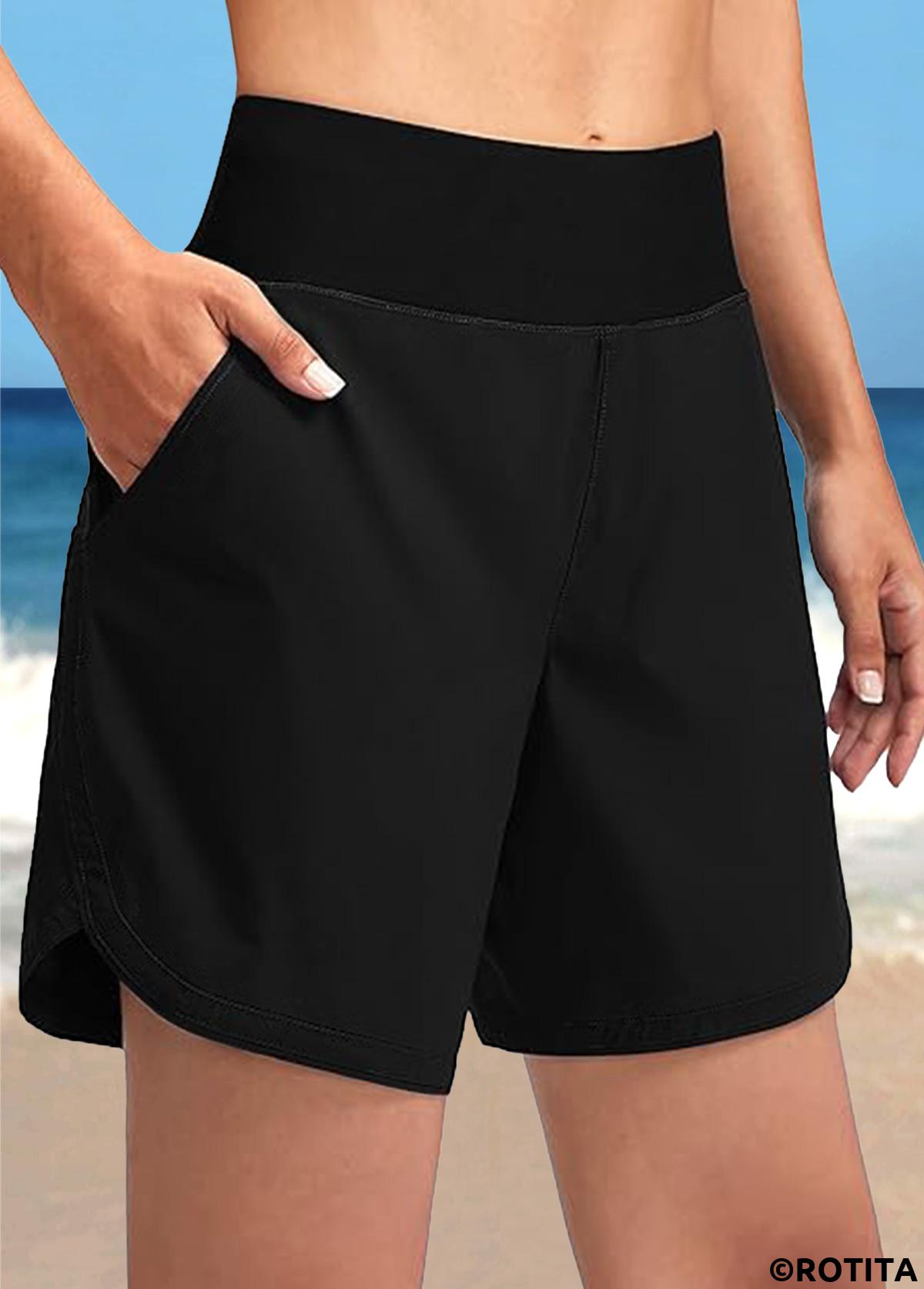 Black swimwear,Plain Color swimwear,ROTITA Black Pocket Quick Drying Mid Waisted Beach Shorts