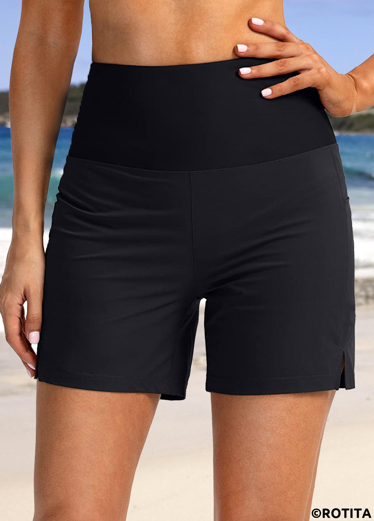 Black swimwear,Plain Color swimwear,ROTITA Quick Drying Black Pocket High Waisted Beach Shorts