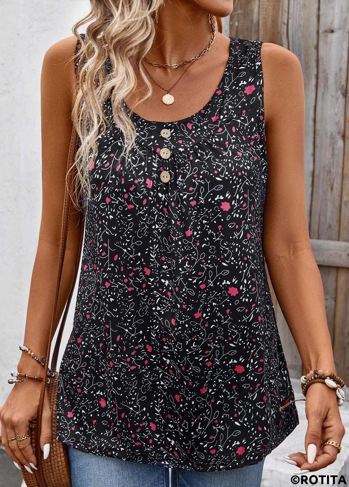 Black tops,Ditsy Floral tops,Button Ditsy Floral Print Black Scoop Neck Tank Top