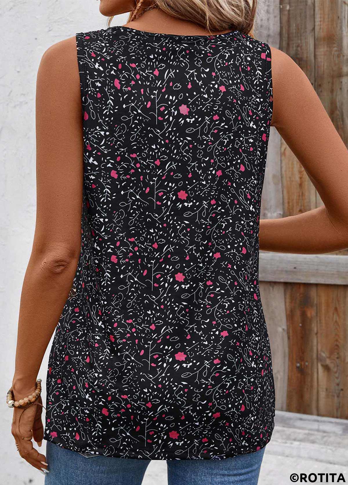 Black tops,Ditsy Floral tops,Button Ditsy Floral Print Black Scoop Neck Tank Top