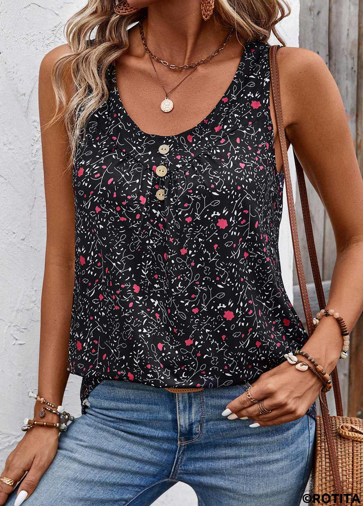 Black tops,Ditsy Floral tops,Button Ditsy Floral Print Black Scoop Neck Tank Top