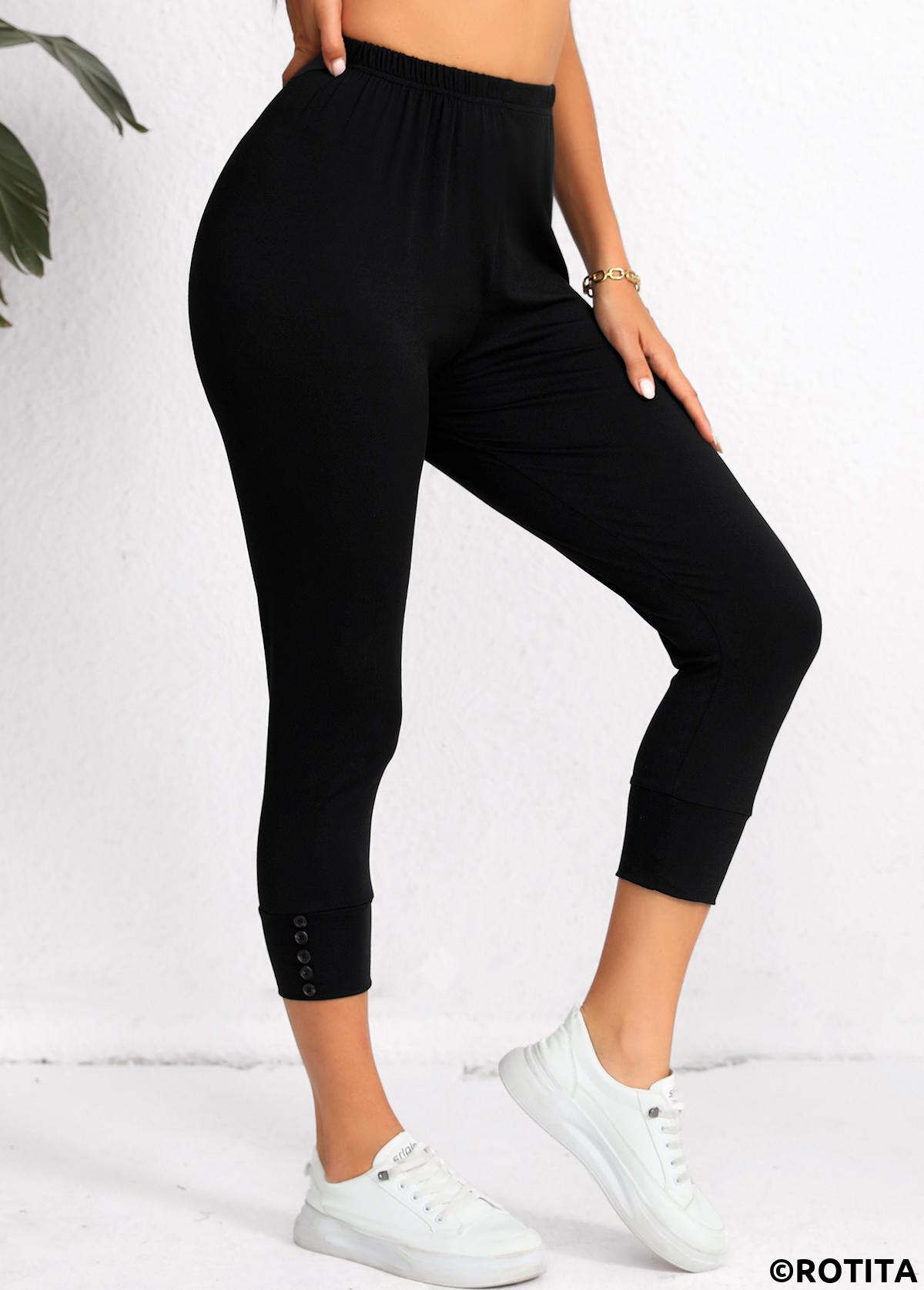 Black bottoms,Plain Color bottoms,Black High Waisted Elastic Waist Capri Leggings