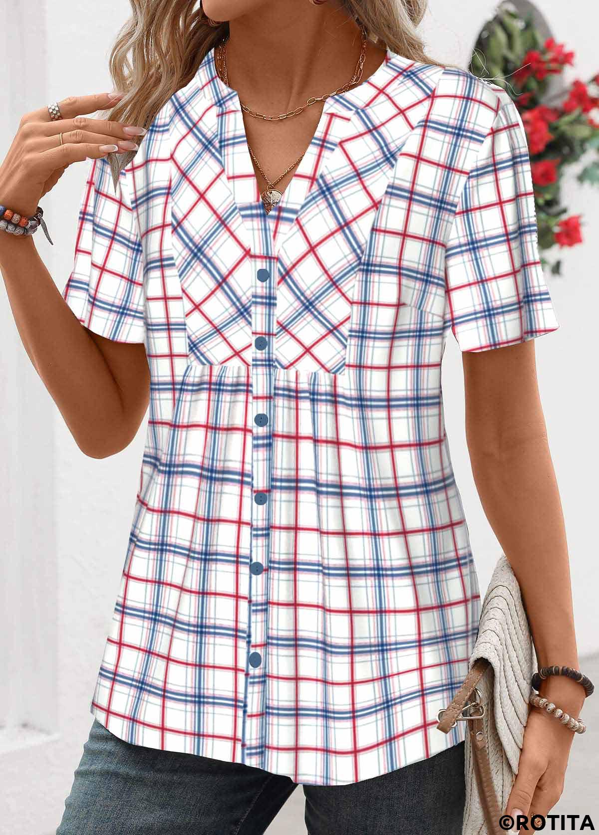 Blue tops,Plaid tops,Striped tops,Geometric tops,ROTITA Patchwork Plaid Blue Split Neck Short Sleeve Shirt