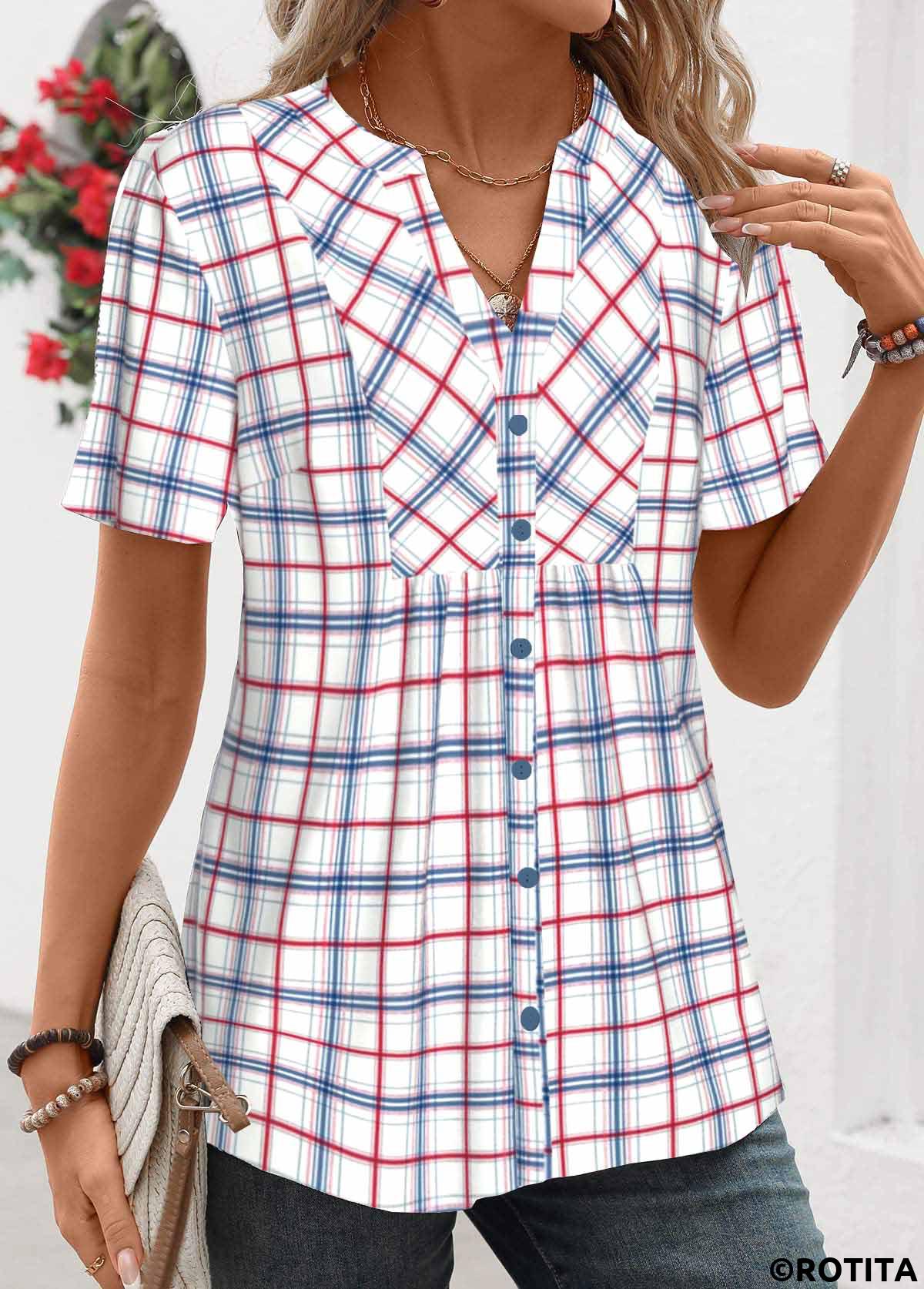 Blue tops,Plaid tops,Striped tops,Geometric tops,ROTITA Patchwork Plaid Blue Split Neck Short Sleeve Shirt