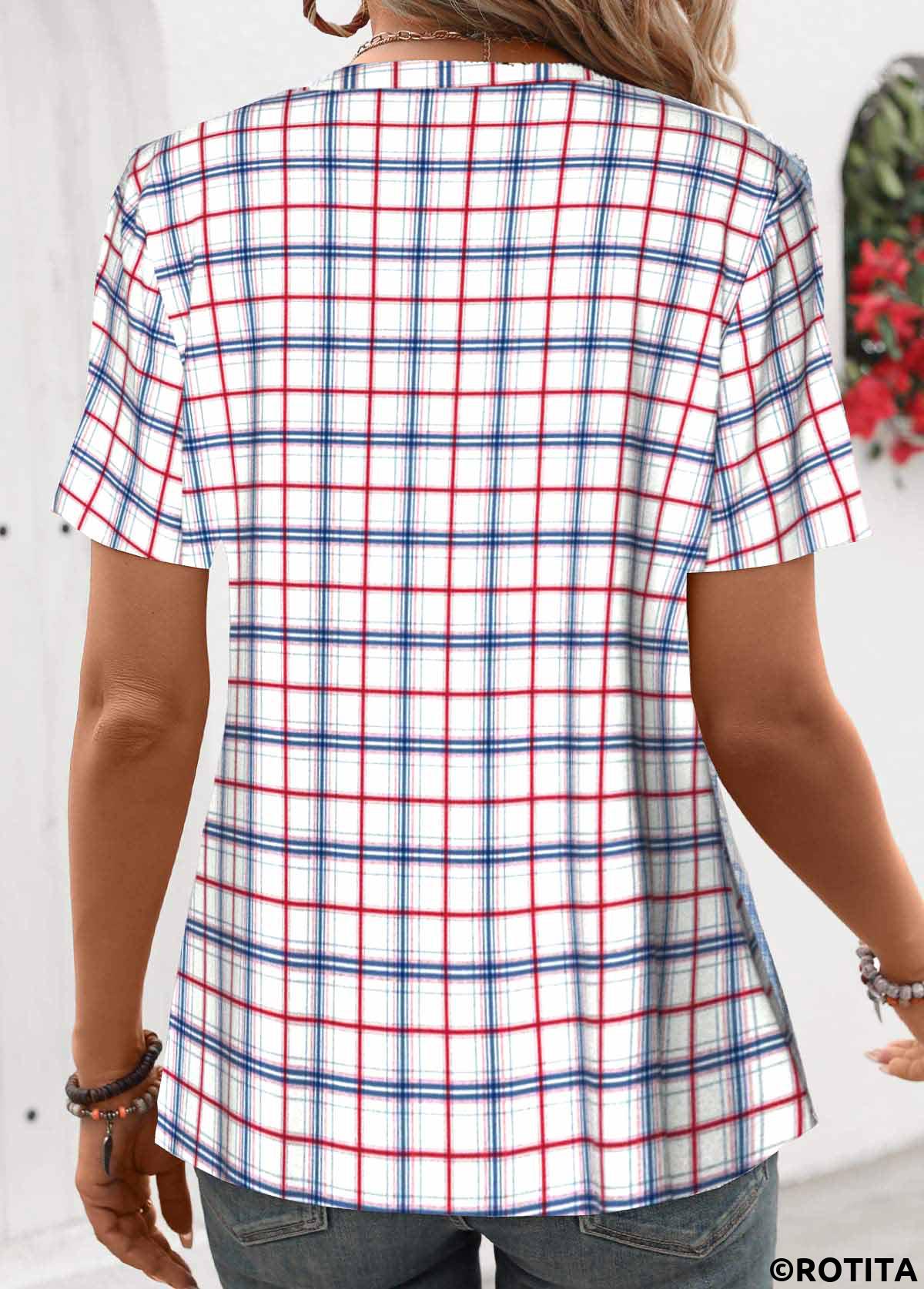 Blue tops,Plaid tops,Striped tops,Geometric tops,ROTITA Patchwork Plaid Blue Split Neck Short Sleeve Shirt