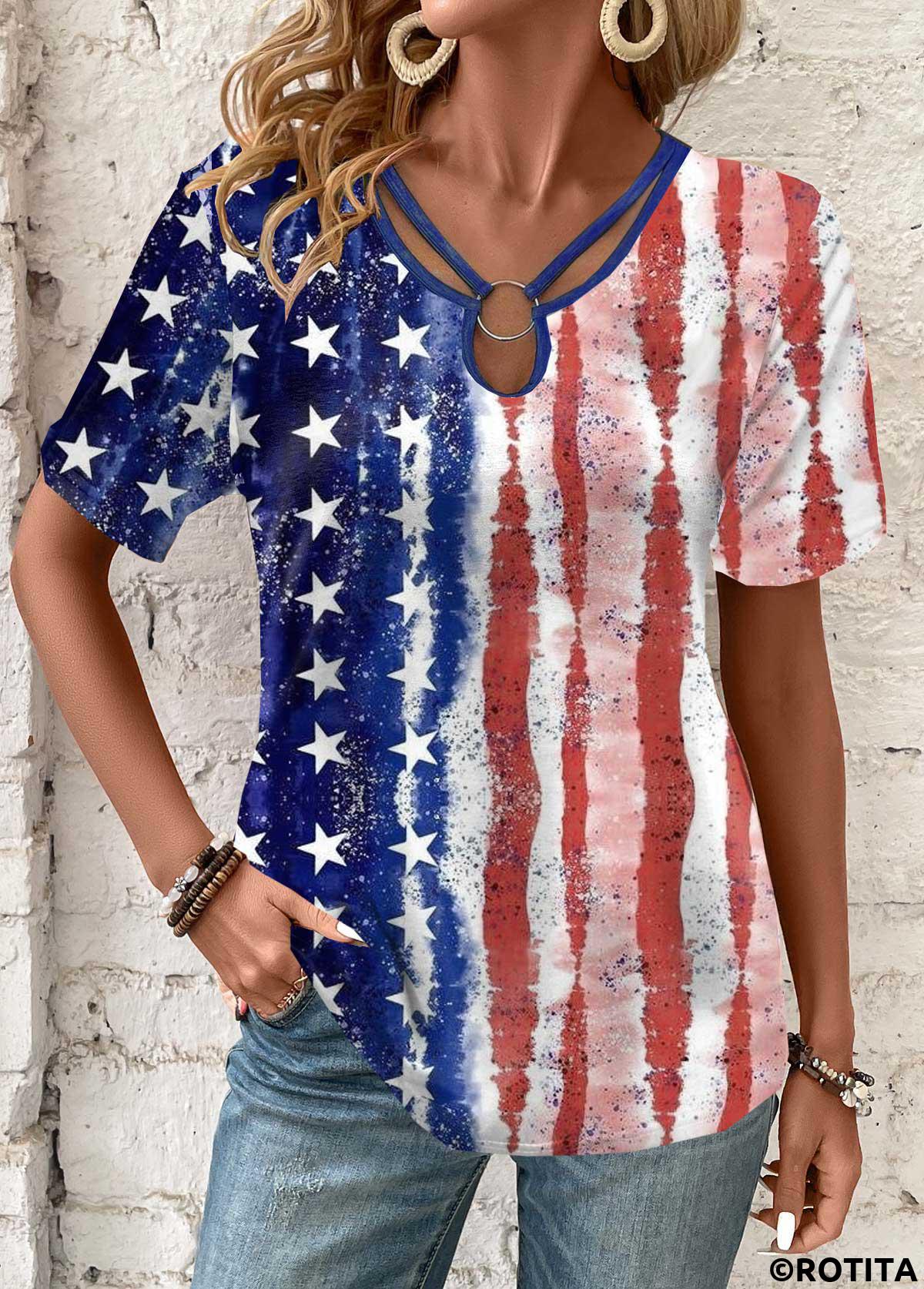 Multi Color tops,Flag tops,ROTITA Circular Ring Multi Color American Flag T Shirt