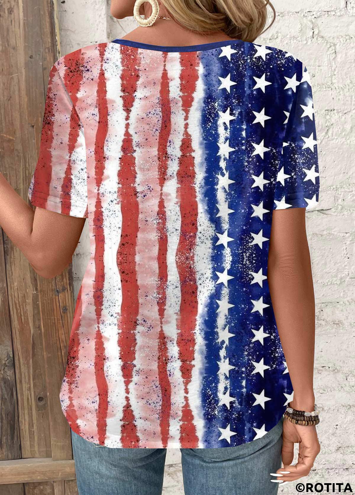 Multi Color tops,Flag tops,ROTITA Circular Ring Multi Color American Flag T Shirt