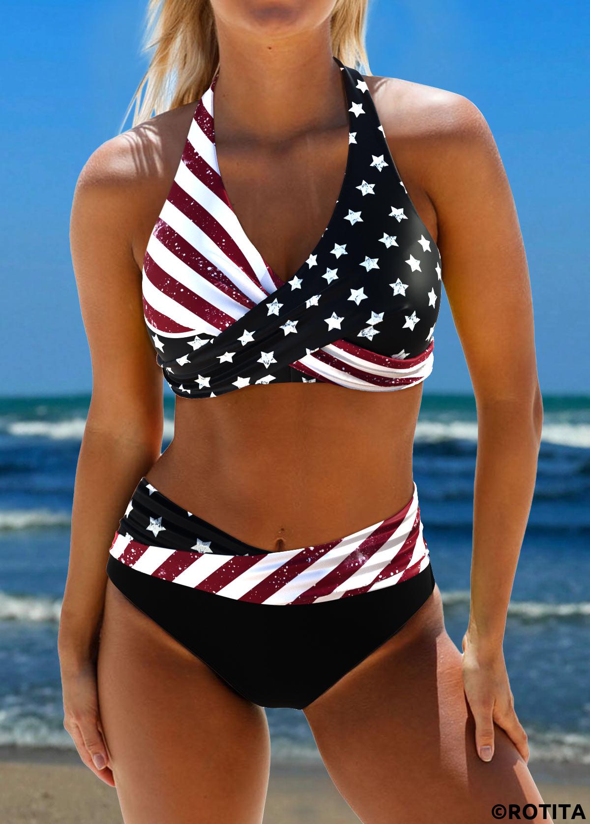 Black swimwear,Flag swimwear,Striped swimwear,Geometric swimwear,ROTITA American Flag Criss Cross Black Star Print Bikini Set