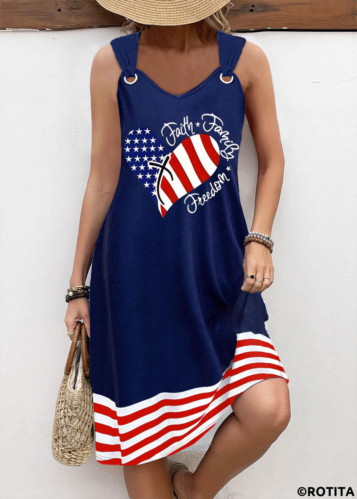 Navy dresses,Flag dresses,Striped dresses,Geometric dresses,Heart dresses,Everyday dresses,Casual dresses,ROTITA American Flag Circular Ring Navy A Line Sleeveless Dress