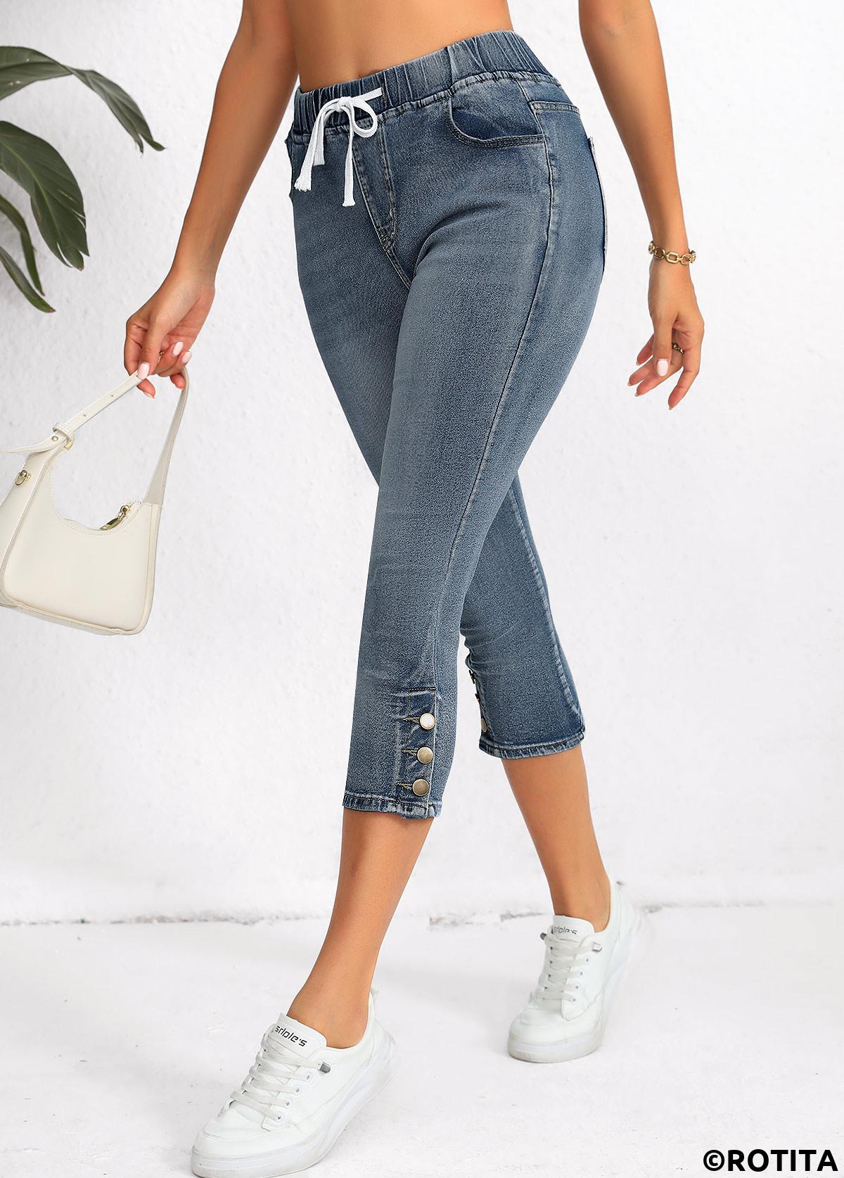 Denim Blue bottoms,Plain Color bottoms,Pocket Denim Blue Regular Elastic Waist High Waisted Jeans