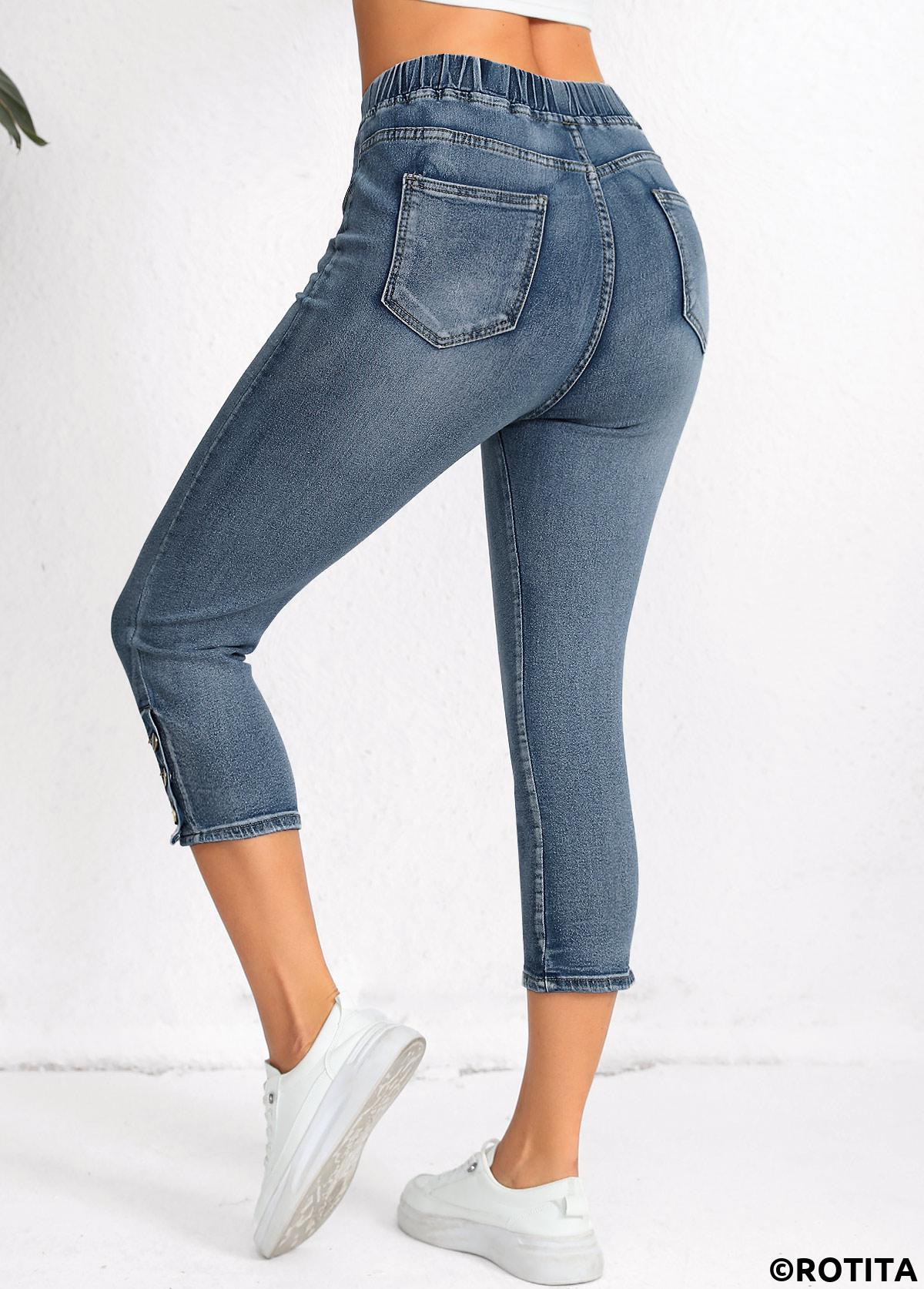 Denim Blue bottoms,Plain Color bottoms,Pocket Denim Blue Regular Elastic Waist High Waisted Jeans