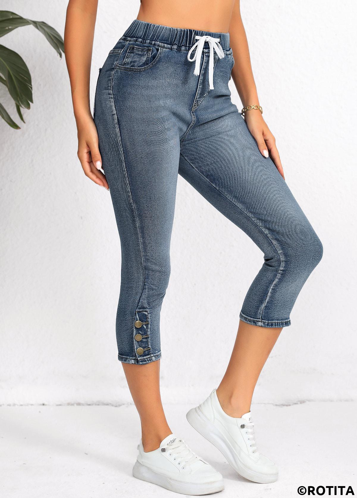 Denim Blue bottoms,Plain Color bottoms,Pocket Denim Blue Regular Elastic Waist High Waisted Jeans