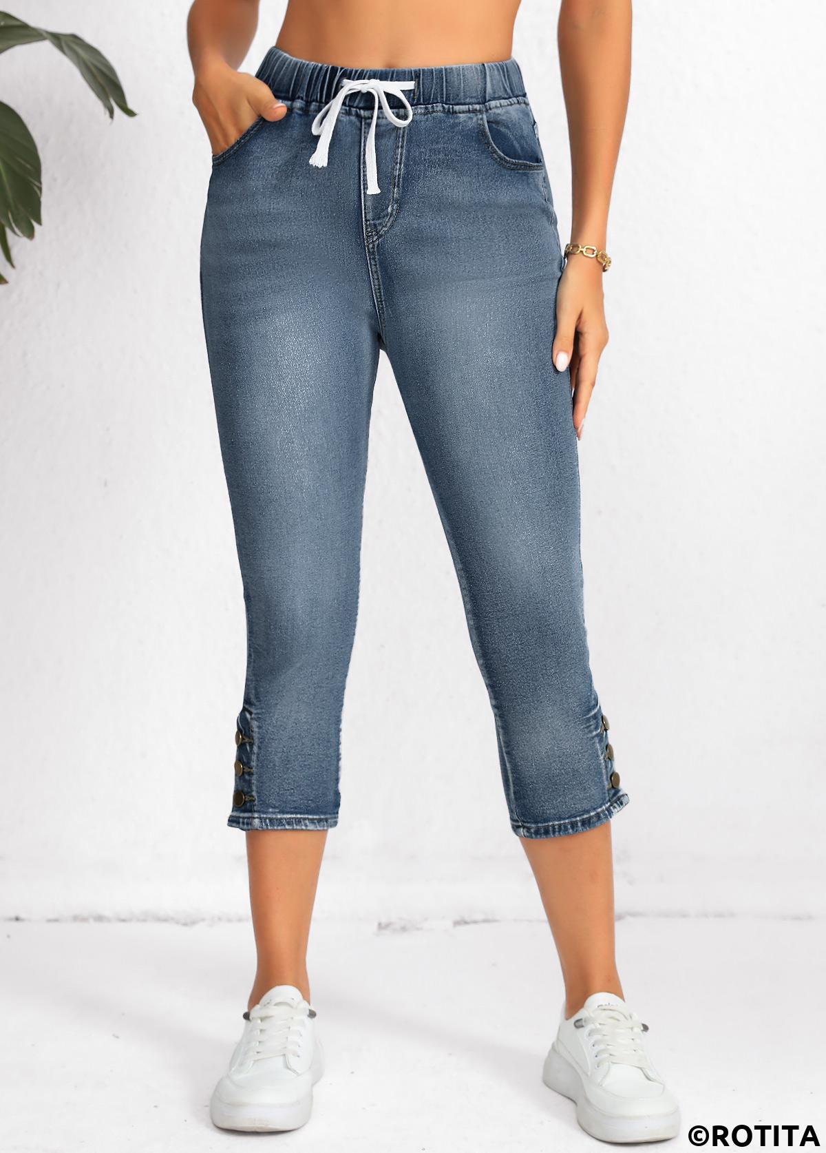 Denim Blue bottoms,Plain Color bottoms,Pocket Denim Blue Regular Elastic Waist High Waisted Jeans