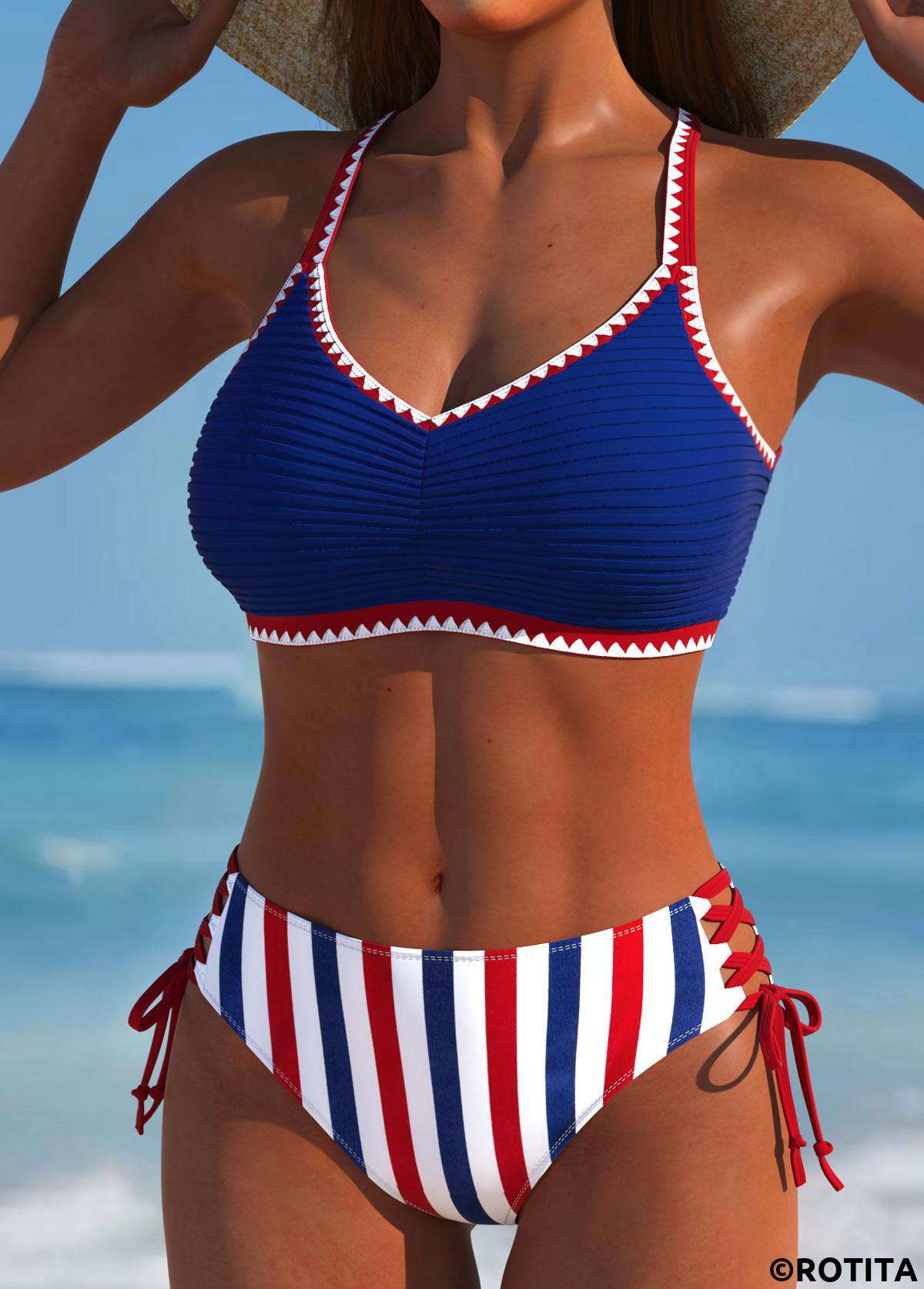 Navy swimwear,Striped swimwear,Geometric swimwear,ROTITA Lace Up Navy Striped Bikini Set