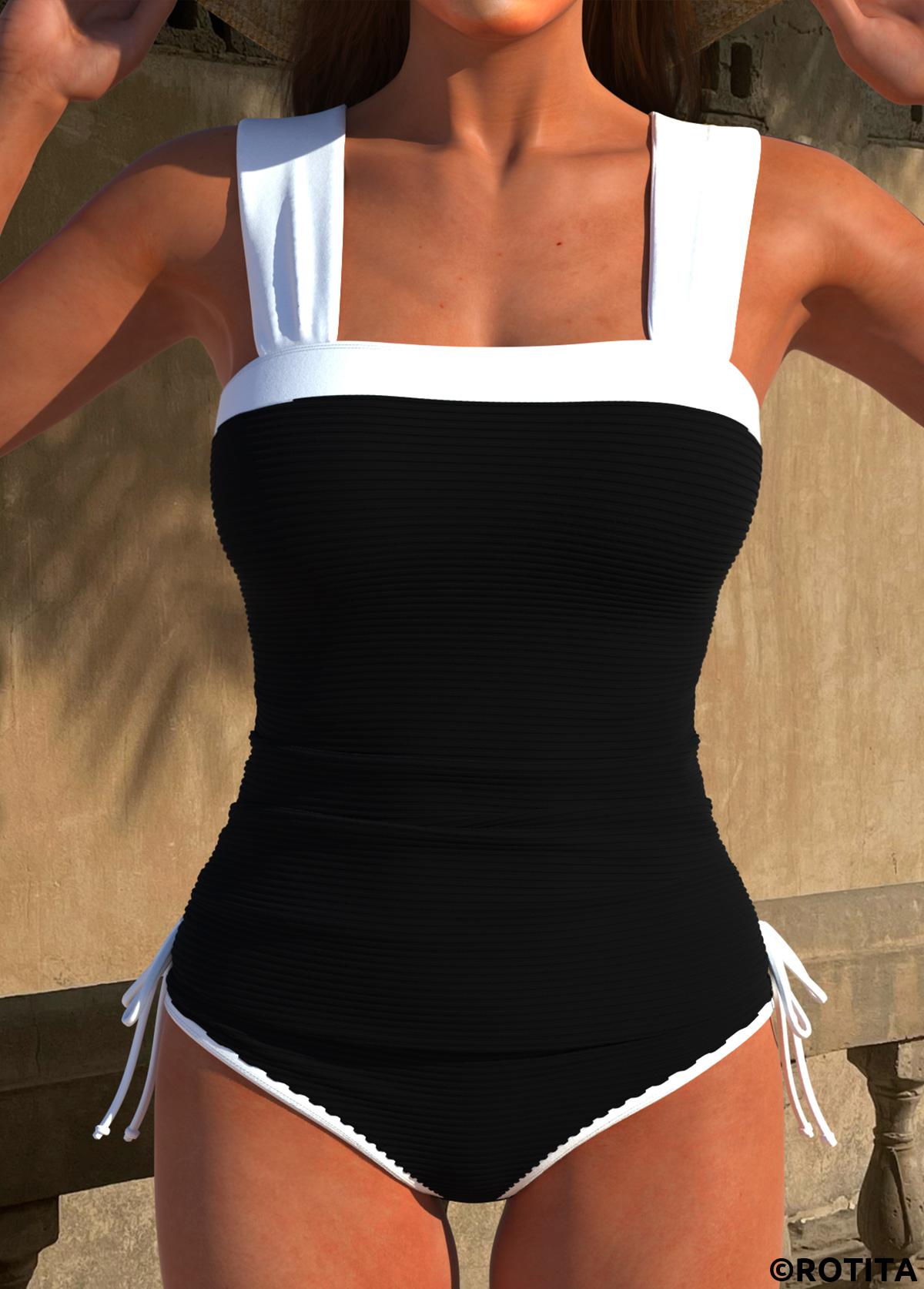 Black swimwear,Contrast Color swimwear,ROTITA Contrast Binding Black Patchwork Tankini Set