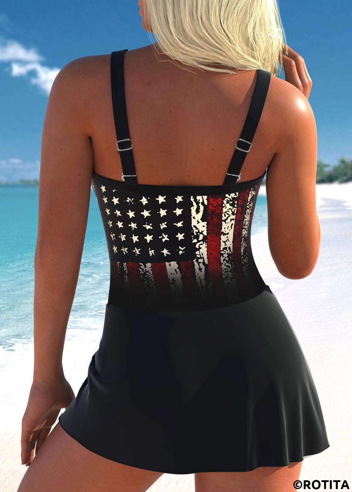 Black swimwear,Flag swimwear,ROTITA American Flag Patchwork Embroidery Black One Piece Swimwear