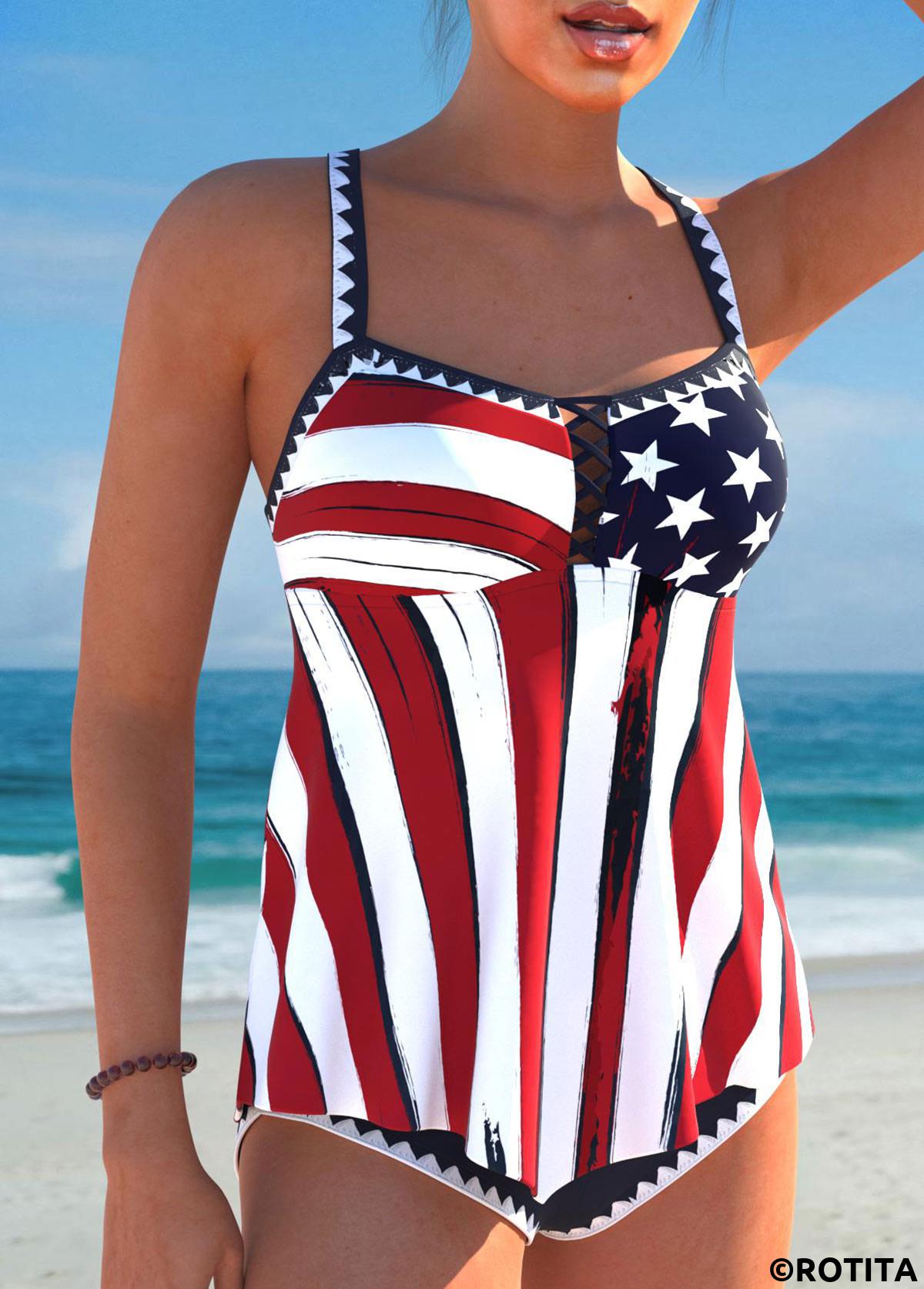 Navy plus size,Flag plus size,Striped plus size,Geometric plus size,ROTITA American Flag Plus Size Criss Cross Navy Tankini Set