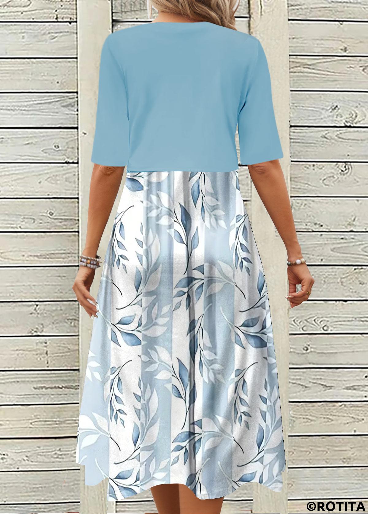 Light Blue dresses,Dusty Blue dresses,Plants dresses,Everyday dresses,Casual dresses,ROTITA Two Piece Leaf Print Light Blue Dress and Cardigan