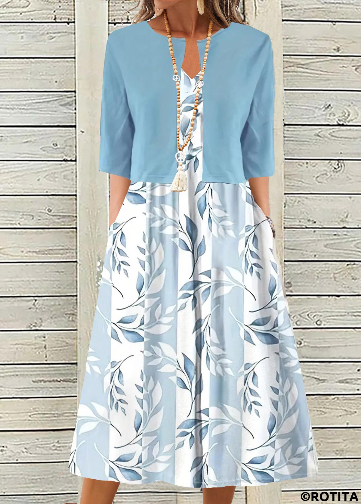 Light Blue dresses,Dusty Blue dresses,Plants dresses,Everyday dresses,Casual dresses,ROTITA Two Piece Leaf Print Light Blue Dress and Cardigan
