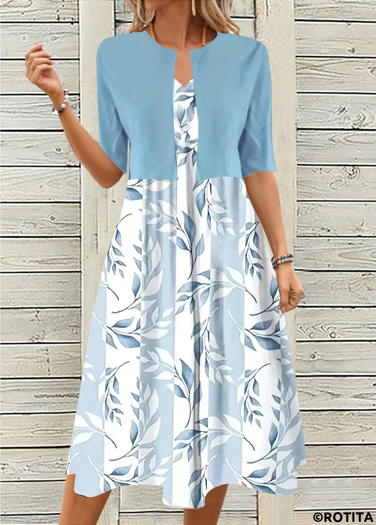 Light Blue dresses,Dusty Blue dresses,Plants dresses,Everyday dresses,Casual dresses,ROTITA Two Piece Leaf Print Light Blue Dress and Cardigan