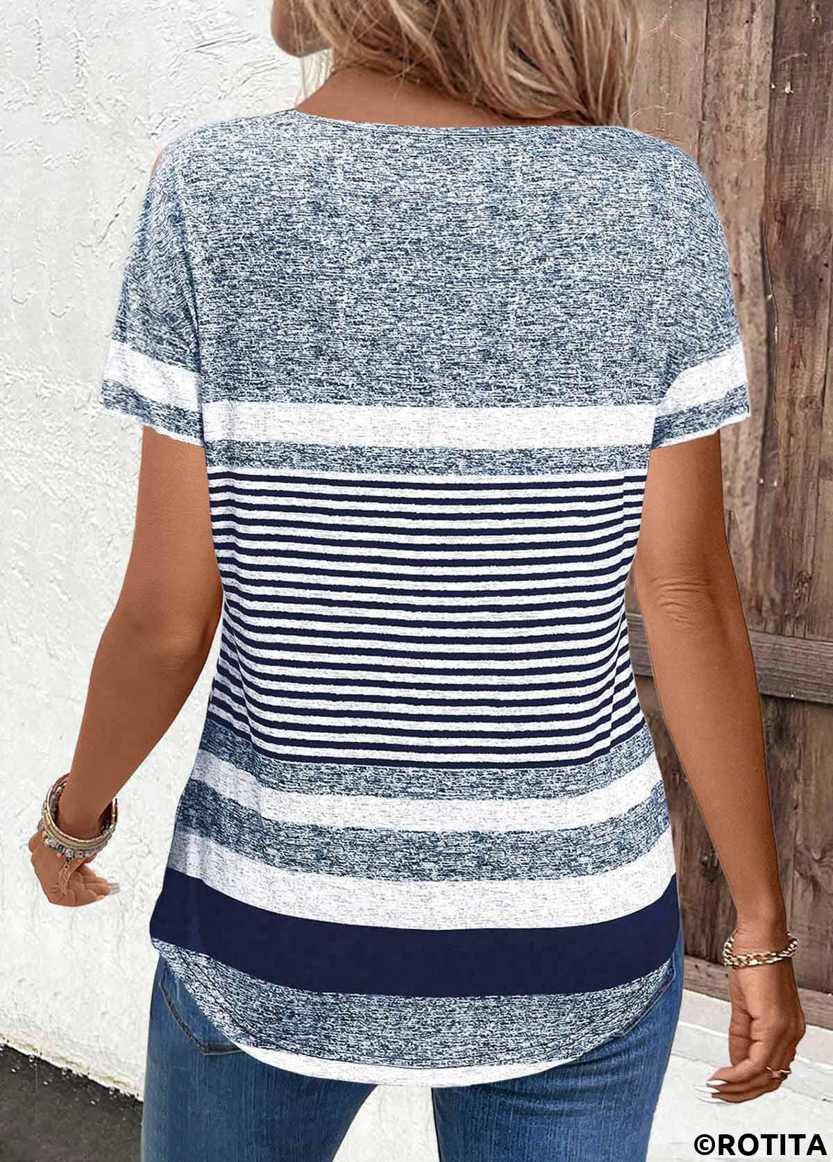 Navy tops,Striped tops,Geometric tops,ROTITA Button Striped Navy V Neck Short Sleeve T Shirt