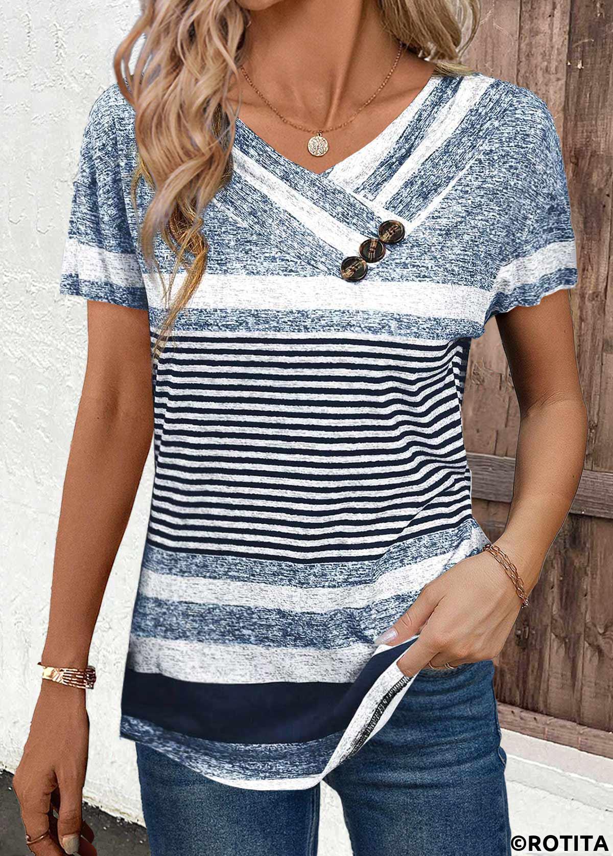 Navy tops,Striped tops,Geometric tops,ROTITA Button Striped Navy V Neck Short Sleeve T Shirt