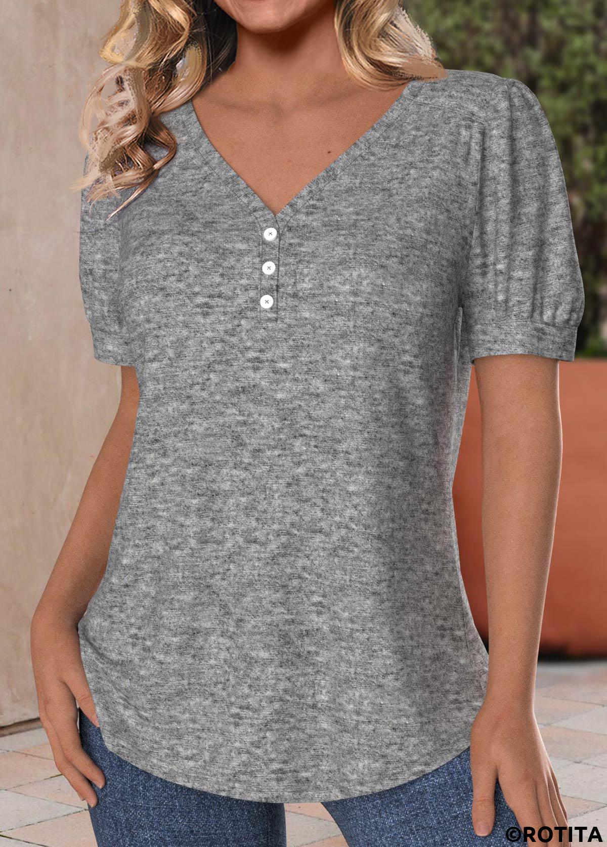 t-shirt col v gris clair chiné bouton rotita