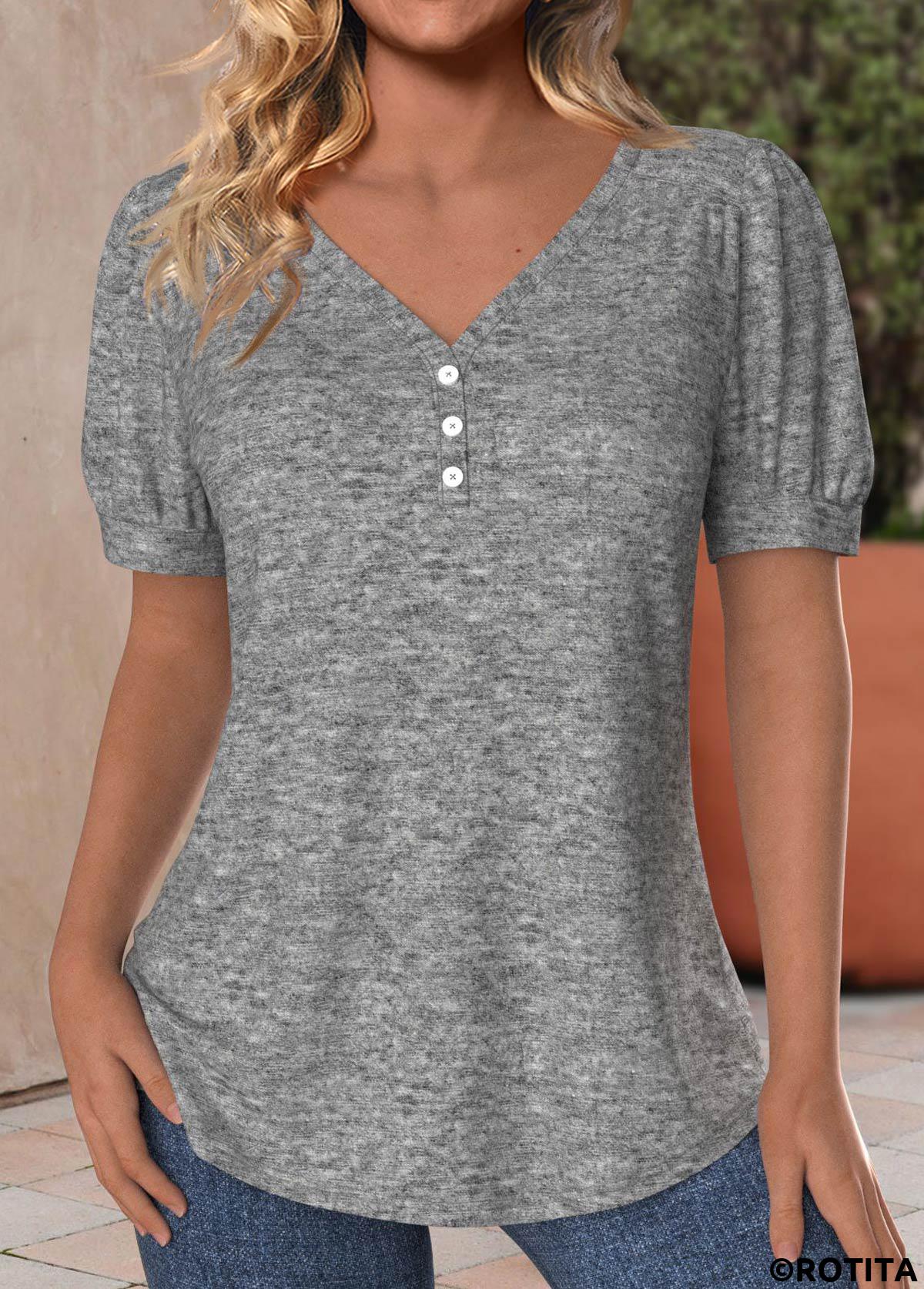 t-shirt col v gris clair chiné bouton rotita