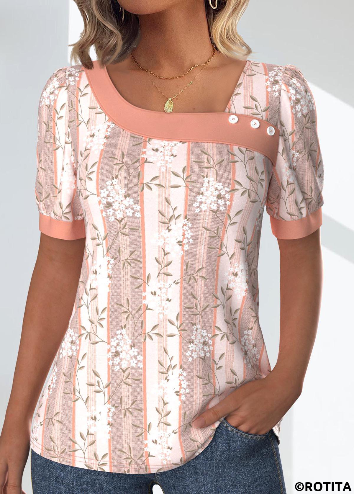 Light Pink tops,Dusty Pink tops,Floral tops,Plants tops,ROTITA Patchwork Floral Print Light Pink Asymmetrical Neck T Shirt