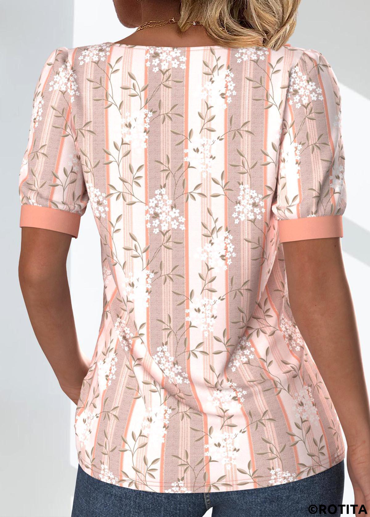 Light Pink tops,Dusty Pink tops,Floral tops,Plants tops,ROTITA Patchwork Floral Print Light Pink Asymmetrical Neck T Shirt