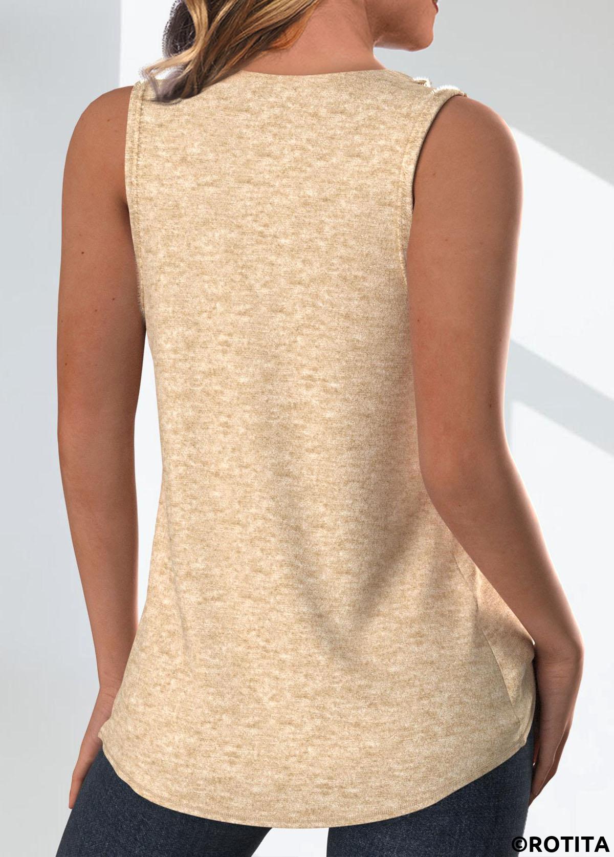 Light Camel tops,Plain Color tops,ROTITA Pocket Light Camel V Neck Sleeveless Tank Top