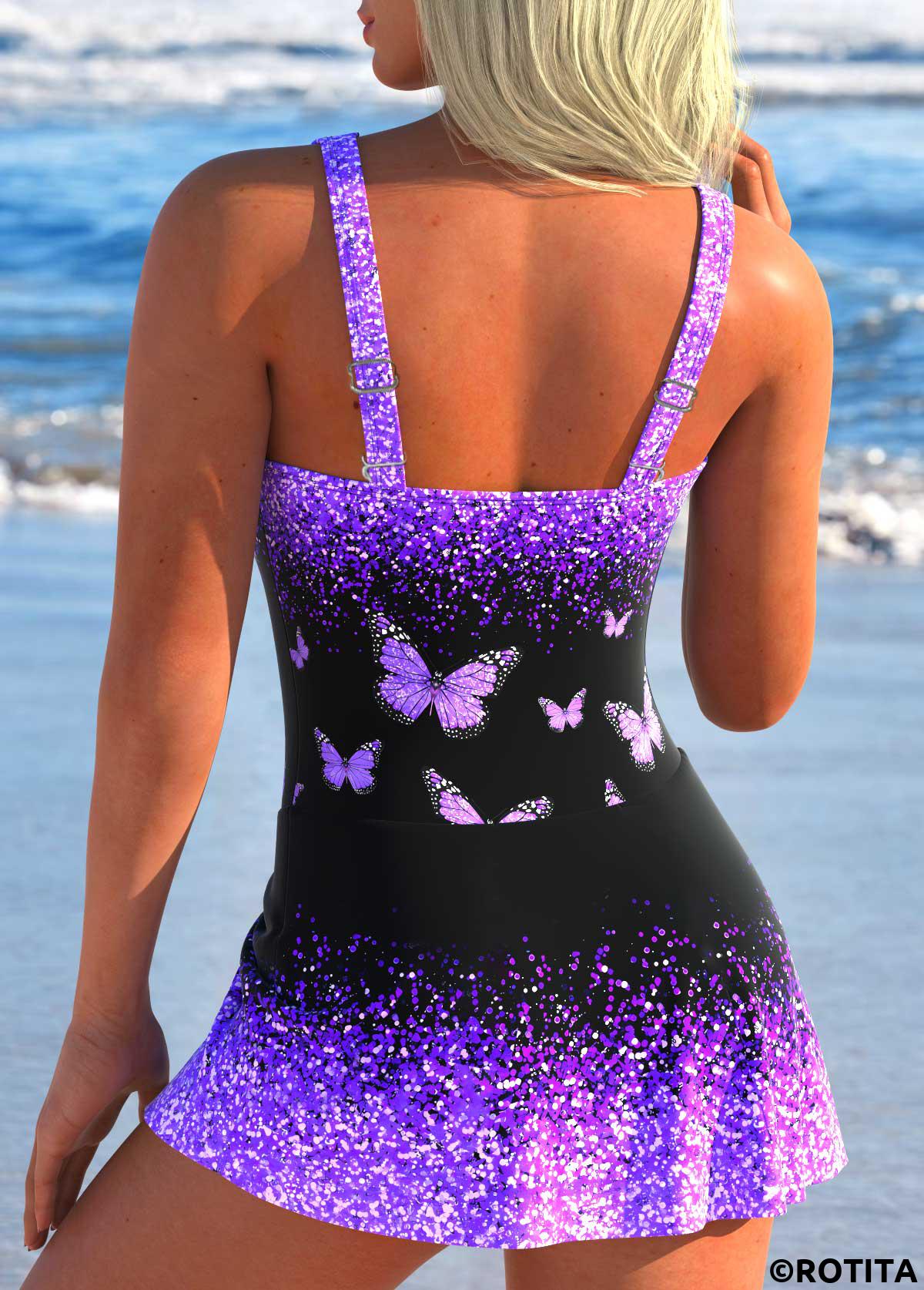 Purple swimwear,Black swimwear,Ombre swimwear,Animal Print swimwear,ROTITA Twist Purple Ombre One Piece Swimdress
